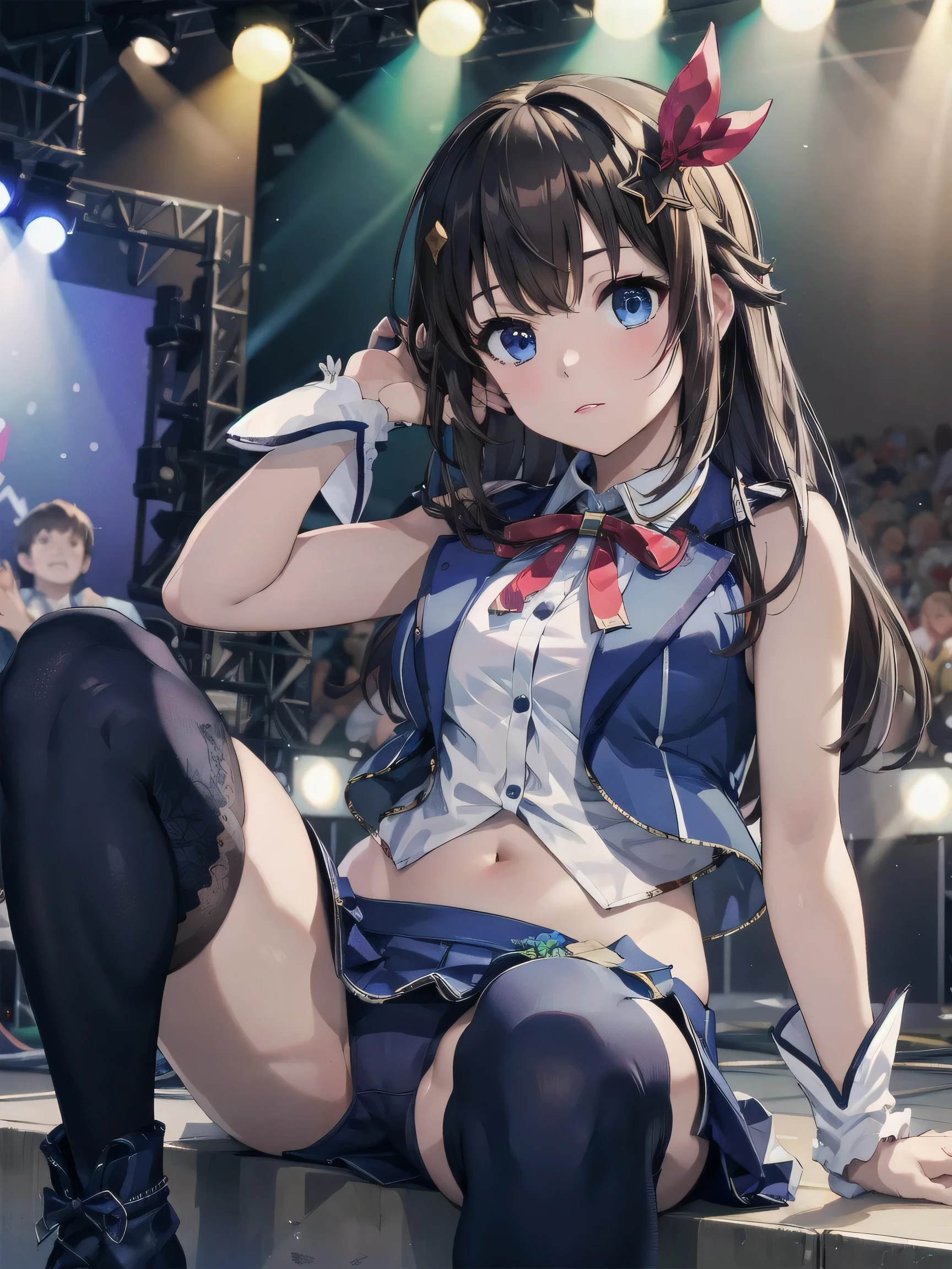(realistic, photo realistic:1.2), ((highest quality)), beautiful face details, real human skin, pretty embarrassing, tokinosoraHL, 1girl, solo, long hair, blue eyes, skirt, Light pink panties, open shirt, under , hair ornament, ribbon, hair ribbon, sleeveless, hairclip, midriff, vest, red ribbon, wrist cuffs, blue thighhighs, Cowboy Shot, sitting on speaker, knees raised, spread legs, Cute face, deadpan, Looking at Viewer, (on stage), (stage lights), (crowd, audience:1.3), from below