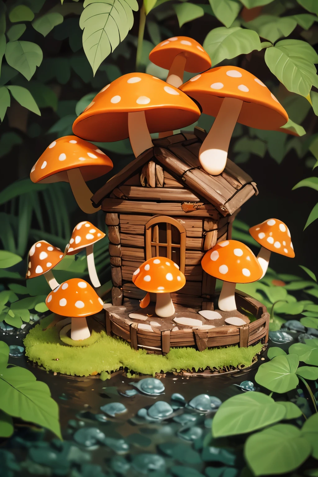 mushroom, jungle, colorful, colored stone, vegetation, miniature photography, warm tone, orange, mushroom house group