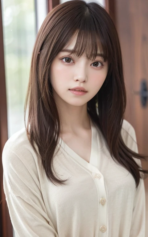 masterpiece, highest quality, 8k, 20th Generation, Large Breasts, cute, alone, sad, cute, Girlish, Delicate girl, Pure beauty,  RAW Photos, Professional photography, Portraiture, Soft Light, Professional Lighting, Backlight, Upper Body, avert your eyes, Sophisticated, Film Grain, (Eyes and facial details:1.0), Short floating hair, Beautiful, flowing hair, bangs, T-shirts and cardigans