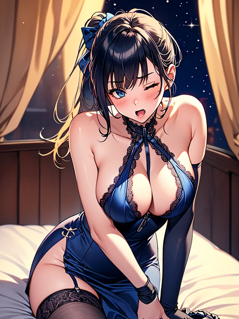 (highest quality, High resolution, perfect pixel, Depth of bounds written, 4K), hotel room, detailed eyes, cowboy shot, (1 lady), tall, (skinny body:1.2) , (thin thighs:1.2), large breasts, (side boob), blond hair, (ponytail:1.2), (midnight blue one side slit dress:1.2), (sleeveless), cross halter, bare back, elbow gloves, (lace legwear:1.2), (leaning forward:1.2), (sexy pose sitting sideways on the bed:1.2), (Hands-on Lap), (surprised), (one eye closed), blush, open mouth,