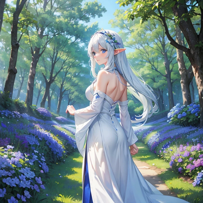 fields of blue flowers, canopy of trees, sunny day, the upper back of an elf girl with long white hair and white robe