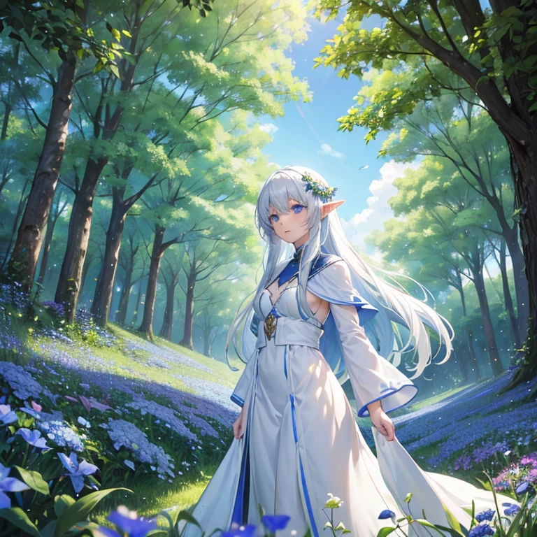 fields of blue flowers, canopy of trees, sunny day, the upper back of an elf girl with long white hair and white robe