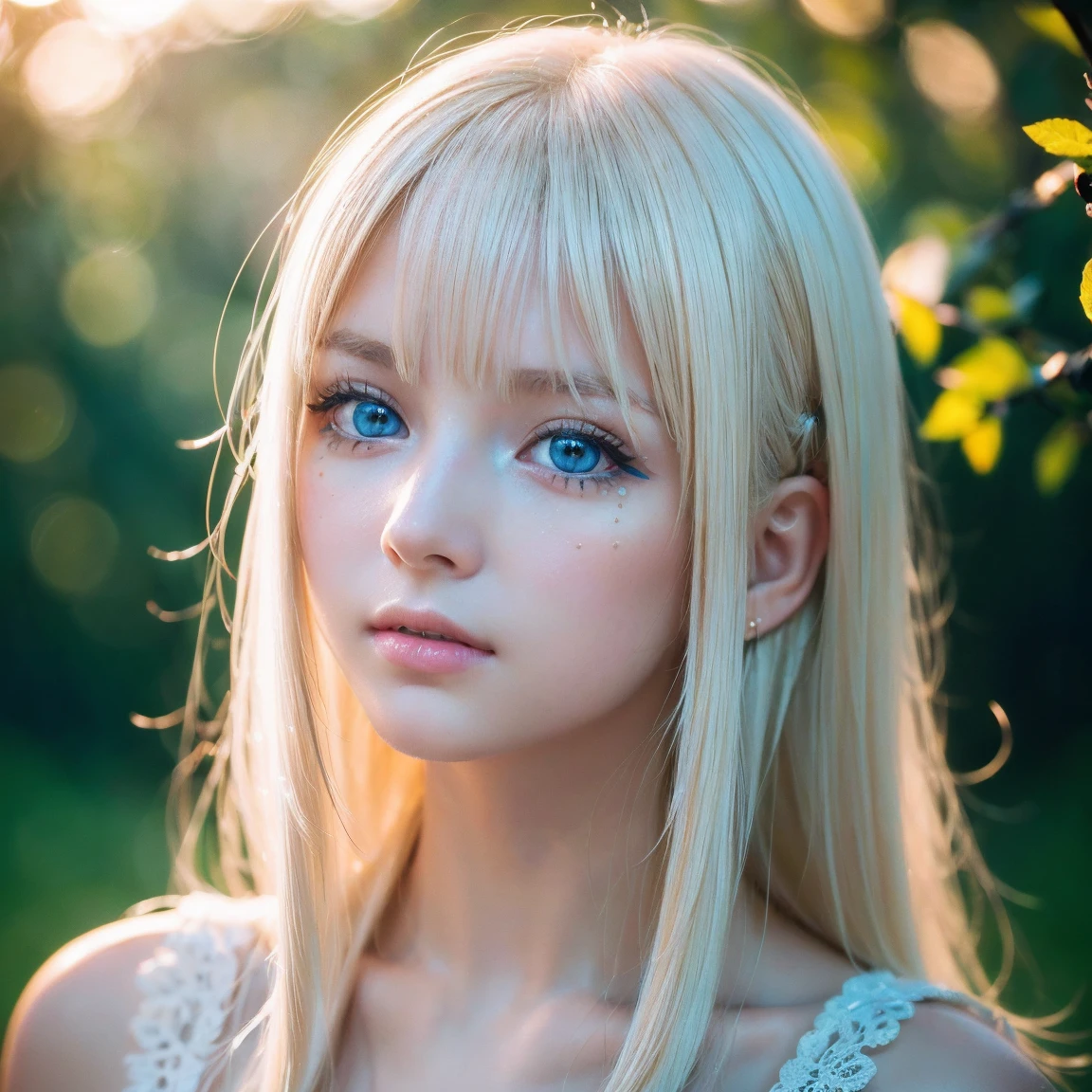 night, Raw photo, (((Very beautiful portrait))), (Glowing Skin)), 1 girl, 16 year old beautiful girl from Prague, (((Natural platinum blonde hair)), [Bright Blue Eyes], Super long hair, eyeliner, Fluttering Hair, bangs over eyes、Vibrant, ((masterpiece, 最high quality, Ultra Detail, Cinematic Light, Intricate details, High resolution, 8K, Very detailed)), Detail Background, 8K uhd, Digital single-lens reflex camera, Soft lighting, high quality, Film Grain, Fujifilm XT3, Shallow depth of field, Natural light, (Perfect hands), Perfect Face, View from afar、Small Face Beauty、