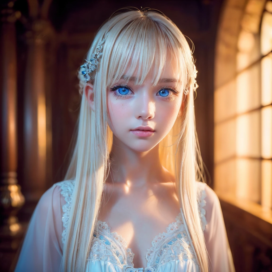 night, Raw photo, (((Very beautiful portrait))), (Glowing Skin)), 1 girl, 16 year old beautiful girl from Prague, (((Natural platinum blonde hair)), [Bright Blue Eyes], Super long hair, eyeliner, Fluttering Hair, bangs over eyes、Vibrant, ((masterpiece, 最high quality, Ultra Detail, Cinematic Light, Intricate details, High resolution, 8K, Very detailed)), Detail Background, 8K uhd, Digital single-lens reflex camera, Soft lighting, high quality, Film Grain, Fujifilm XT3, Shallow depth of field, Natural light, (Perfect hands), Perfect Face, View from afar、Small Face Beauty、