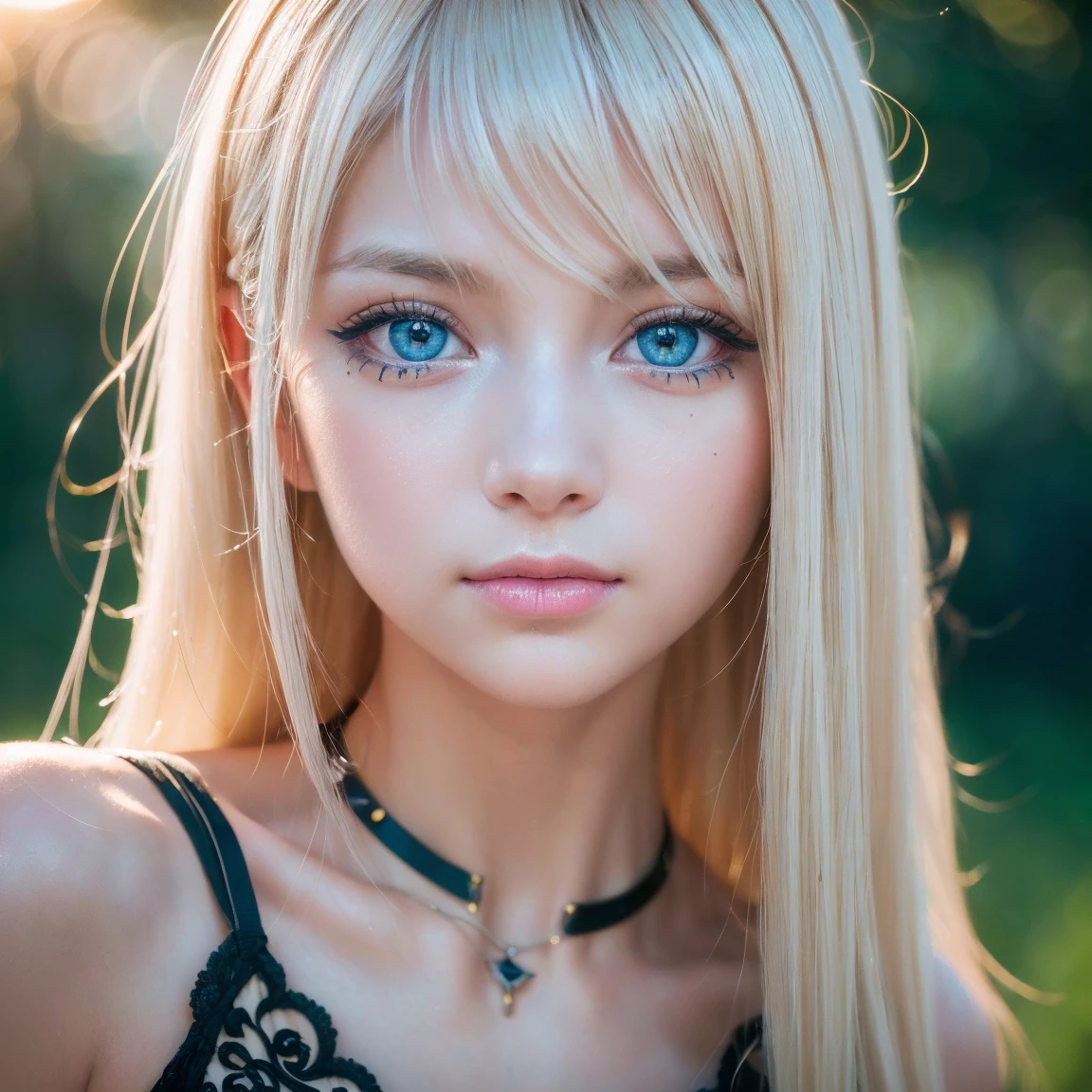 night, Raw photo, (((Very beautiful portrait))), (Glowing Skin)), 1 girl,  beautiful girl from Prague, (((Natural platinum blonde hair)), [Bright Blue Eyes], Super long hair, eyeliner, Fluttering Hair, bangs over eyes、Vibrant, ((masterpiece, 最high quality, Ultra Detail, Cinematic Light, Intricate details, High resolution, 8K, Very detailed)), Detail Background, 8K uhd, Digital single-lens reflex camera, Soft lighting, high quality, Film Grain, Fujifilm XT3, Shallow depth of field, Natural light, (Perfect hands), Perfect Face, View from afar、Small Face Beauty、