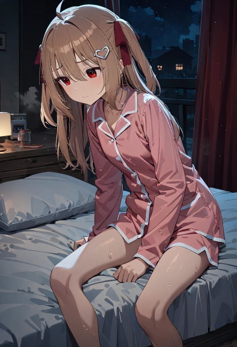 1girl, evil neuro-sama, (yuzu modoki), red eyes, light brown hair, ahoge, two side up, hair ribbon, dark red ribbon, heart hair ornament, (masterpiece, best quality), highly detailed, finely detailed, night, indoors, bed, nightstand, pajamas, curtains, pillow, bare legs, wet, steam, underwear,