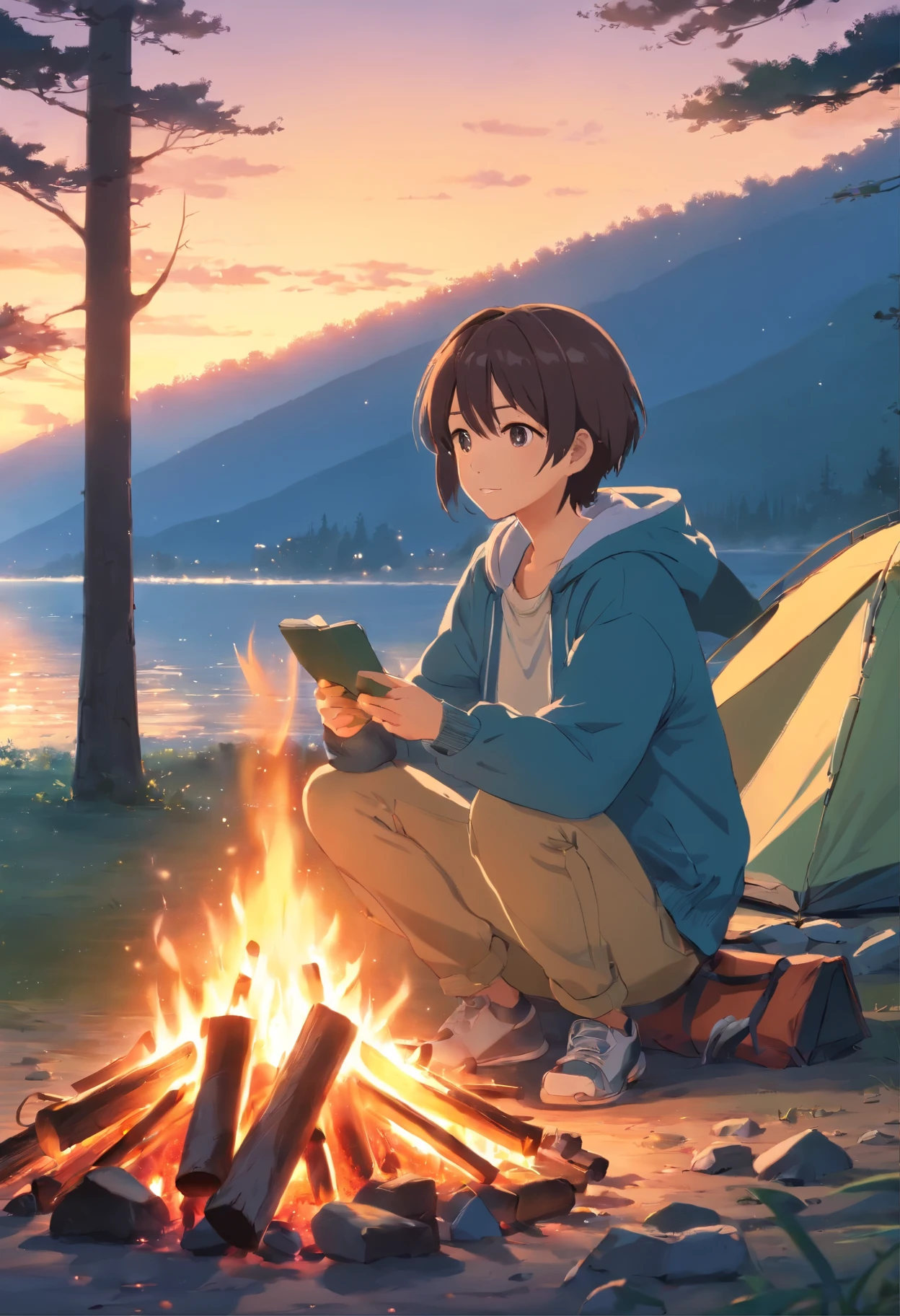 masterpiece, highest quality, Movie stills, One man, Camping clothes, 40 years old，camp site，Enjoying a bonfire, close, bright, Happy, Warm and soft lighting, sunset, (spark:0.7)
