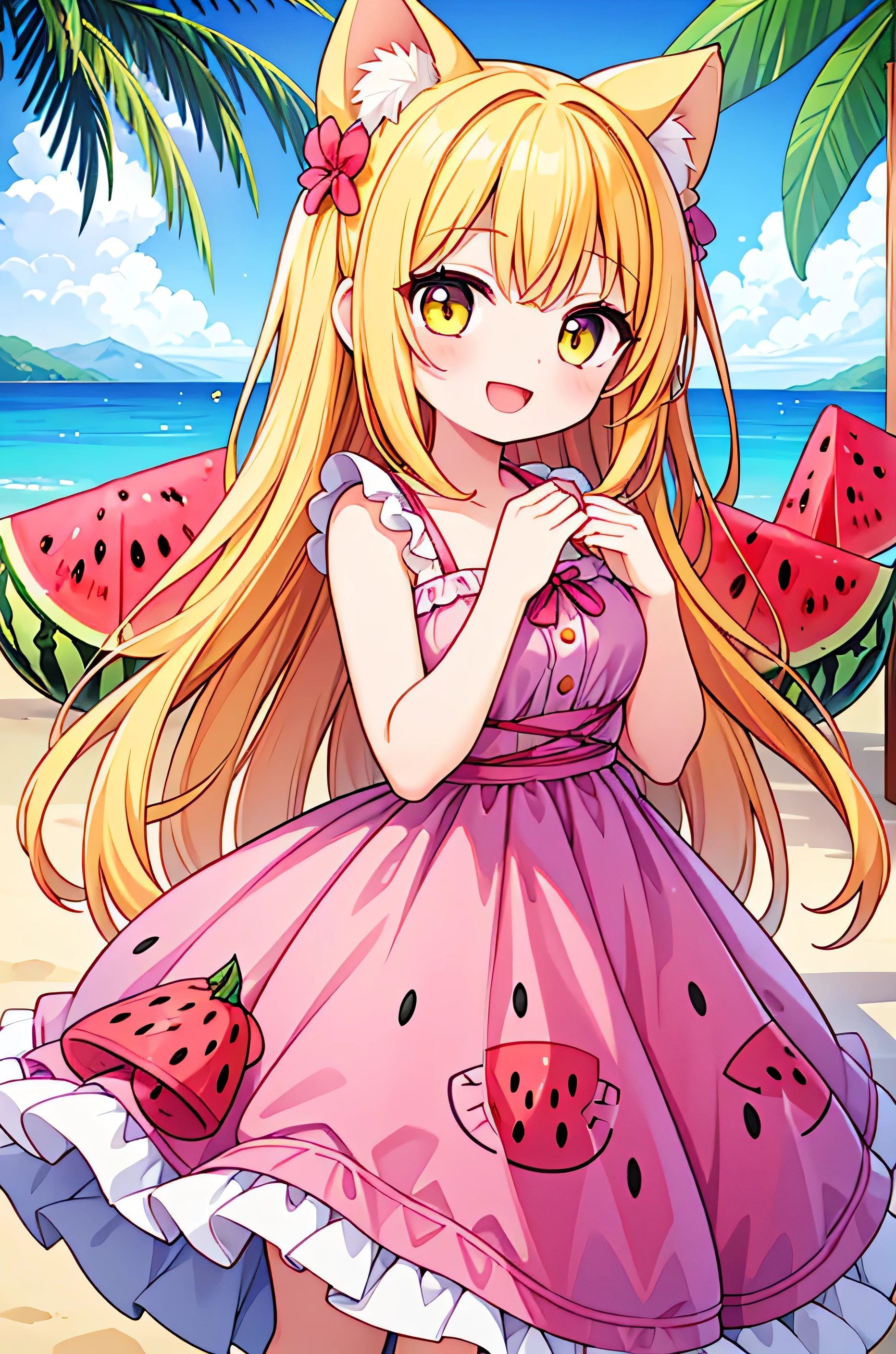 1girl, wearing a (cat print) purple dress, in ((the tropics with watermelon)), happy and smiling, mythical world with giant watermelon fruit , bright light color palette🎨, hands down, energetic, fashion dress, fruits, long flowy hair, yellow hair with red inside, bananas
