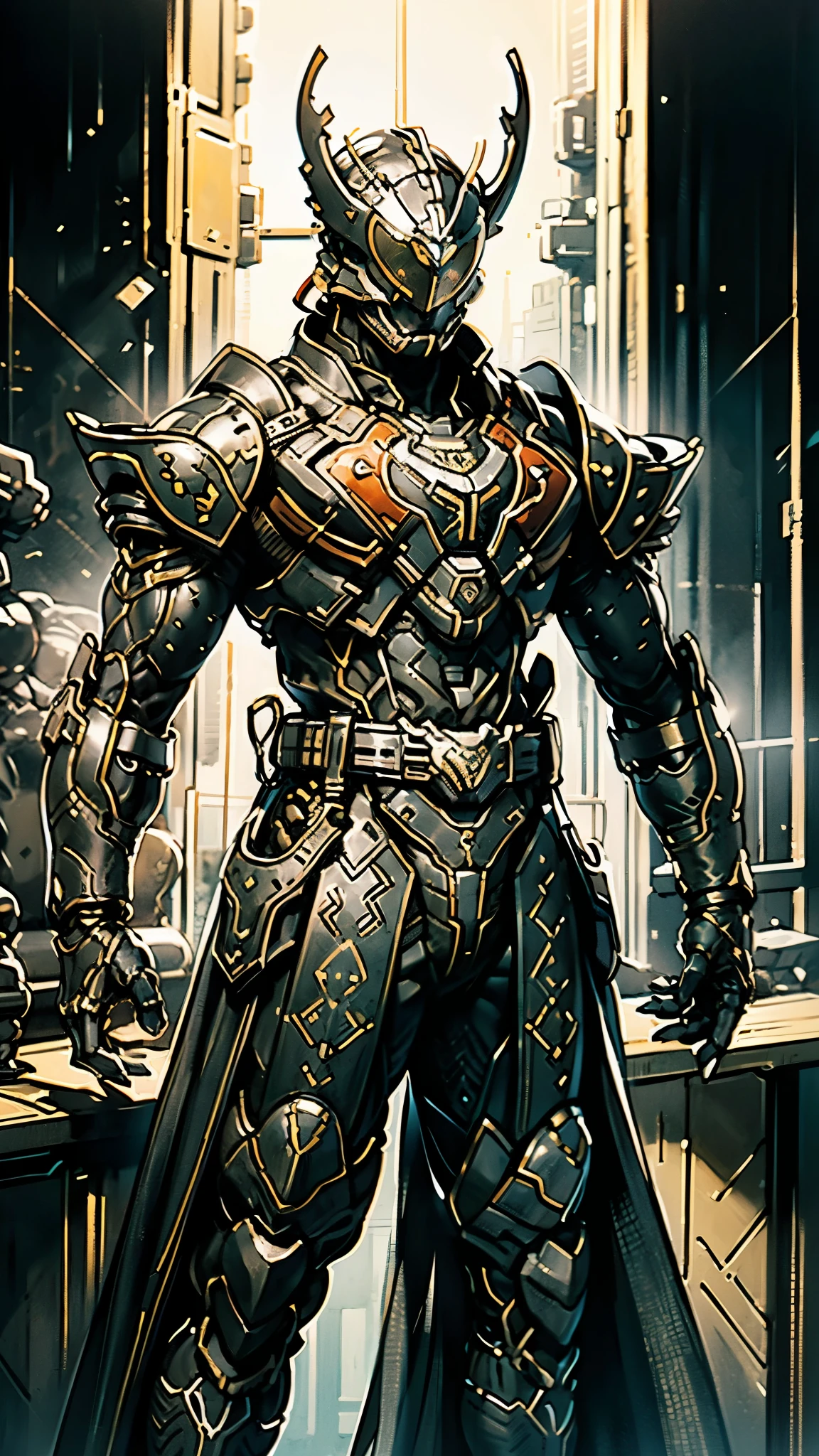 A man wearing a full-face helmet, a fantasy-style biomecha armored combat suit, green eyes, a composite layered chest armor, fully enclosed shoulder guards, matching arm and leg guards, the belt is adorned with dragon claw grasping orbs, primarily black with red accents, the design balances heavy with agility, a high-tech biological armor, concept inspired by dragons, stands on the skyscraper of a futuristic high-tech city, this character embodies a finely crafted fantasy-surreal style armored hero in anime style, exquisite and mature manga art style, ((male:1.5)), metallic, real texture material, dramatic, high definition, best quality, highres, ultra-detailed, ultra-fine painting, extremely delicate, professional, perfect body proportions, golden ratio, anatomically correct, symmetrical face, extremely detailed eyes and face, high quality eyes, creativity, RAW photo, UHD, 32k, Natural light, cinematic lighting, masterpiece-anatomy-perfect, masterpiece:1.5