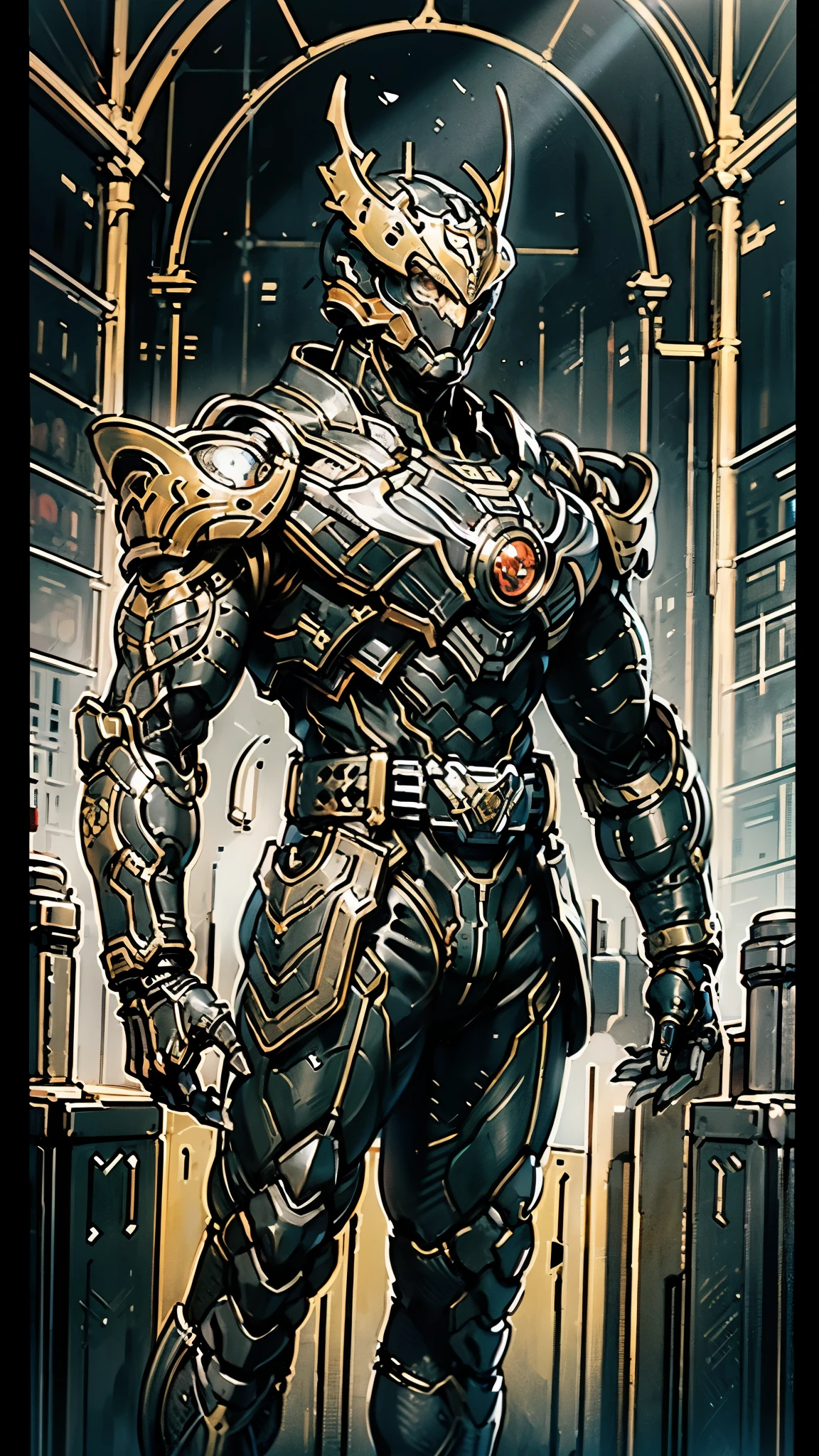 A man wearing a full-face helmet, a fantasy-style biomecha armored combat suit, green eyes, a composite layered chest armor, fully enclosed shoulder guards, matching arm and leg guards, the belt is adorned with dragon claw grasping orbs, primarily black with red accents, the design balances heavy with agility, a high-tech biological armor, concept inspired by dragons, stands on the skyscraper of a futuristic high-tech city, this character embodies a finely crafted fantasy-surreal style armored hero in anime style, exquisite and mature manga art style, ((male:1.5)), metallic, real texture material, dramatic, high definition, best quality, highres, ultra-detailed, ultra-fine painting, extremely delicate, professional, perfect body proportions, golden ratio, anatomically correct, symmetrical face, extremely detailed eyes and face, high quality eyes, creativity, RAW photo, UHD, 32k, Natural light, cinematic lighting, masterpiece--perfect, masterpiece:1.5