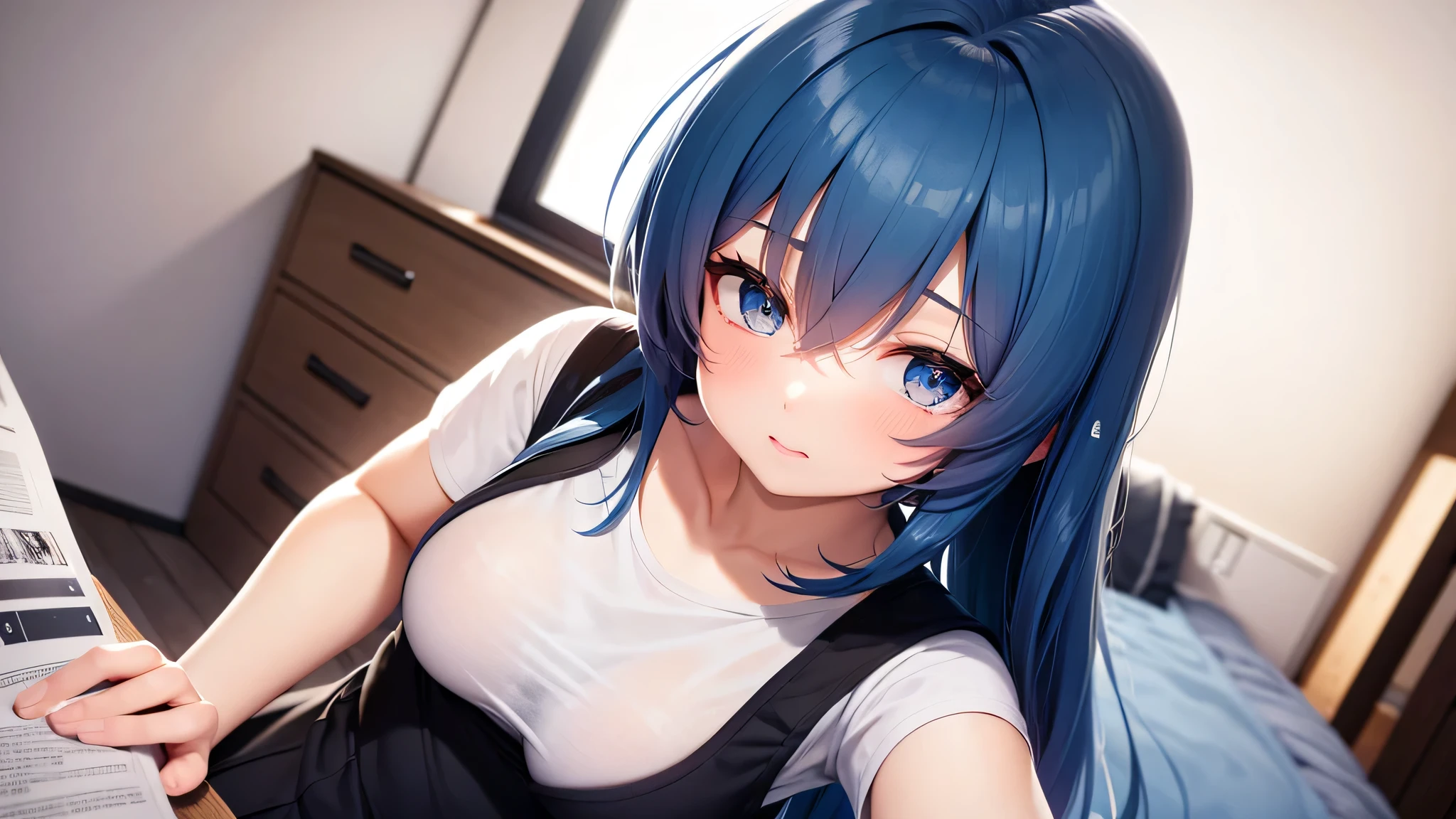 Pretty anime girl, blue hair, minimalist, colegial,