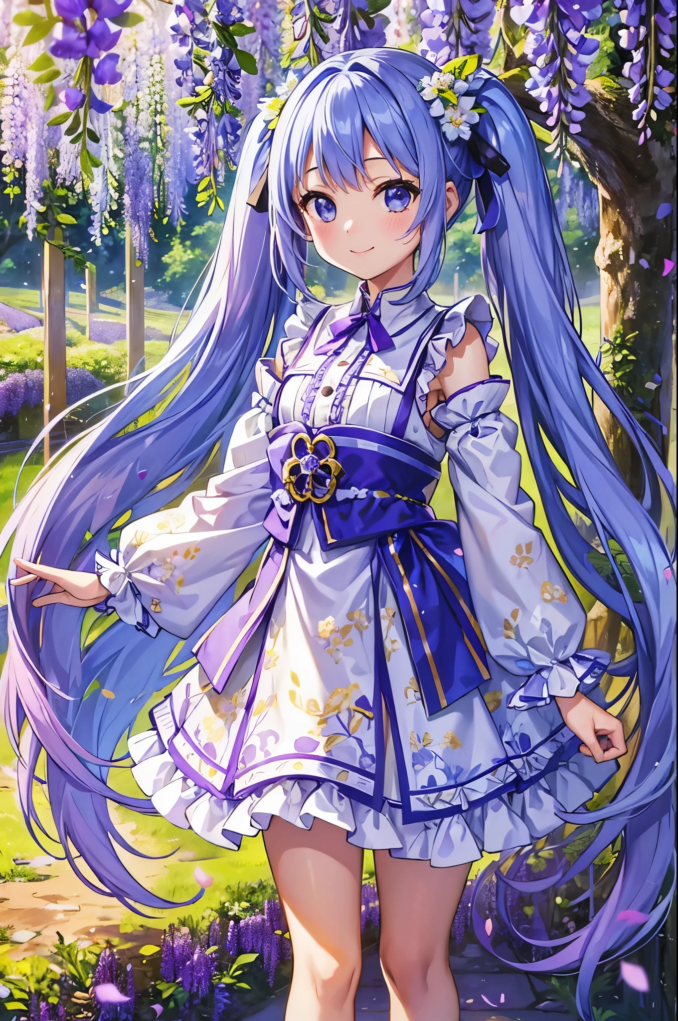 Girl Standing In The Middle. Adorable smile、
Light blue long hair、Her hairstyle is twin tails.、The wisteria flowers were as beautiful as a dream.,Iridescent aura、 Fantasy World、A field of wisteria flowers