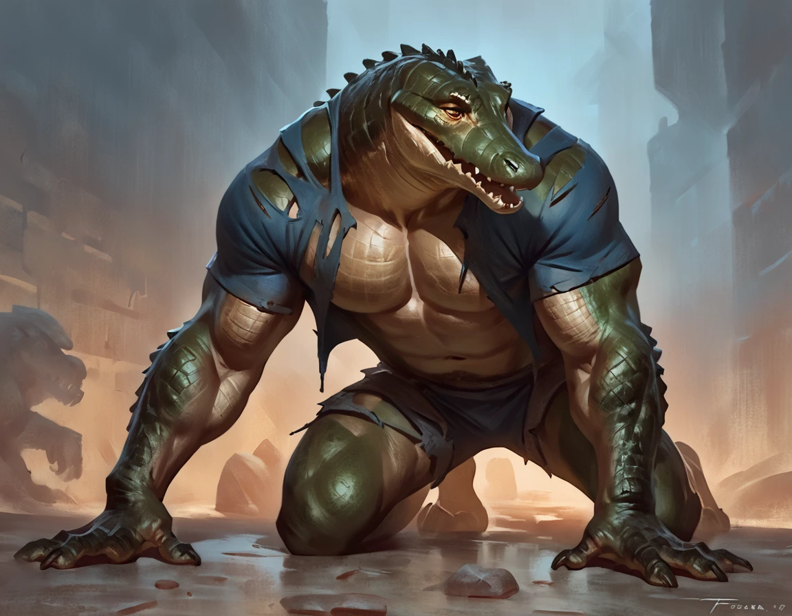 male crocodile mid transformation, by taran fiddler, solo, masterpiece, best art, torn pants, torn shirt, detailed hands, detailed eyes, detailed torso, pain expression, night, closed eyes, muscular, concept art, all fours, egyptian clothes