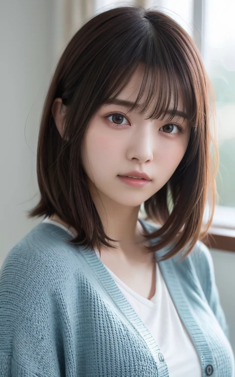 masterpiece, highest quality, 8k, 20th Generation, Large Breasts, cute, alone, sad, cute, Girlish, Delicate girl, Pure beauty, RAW Photos, Professional photography, Portraiture, Soft Light, Professional Lighting, Backlight, Upper Body, avert your eyes, Sophisticated, Film Grain, (Eyes and facial details:1.0), Short floating hair, Beautiful, flowing hair, bangs, T-shirt and dusty blue cardigan、Big big breasts