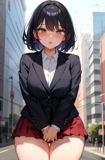 (unity 8k wallpape),(best quality),(high resolution),(ultra-detailed),(perfect anatomy),(beautiful detailed eyes),Japanese girl,beautiful girl,In the city,Blushing,Glaring at me,Inner thighs,Bend,patience,close your mouth and clench your mouth,(ecstasy),Feeling facial expression,,Blazer Type,Miniskirt, holding crotch with both hands,Man&#39;s hand presses the button on the remote control,