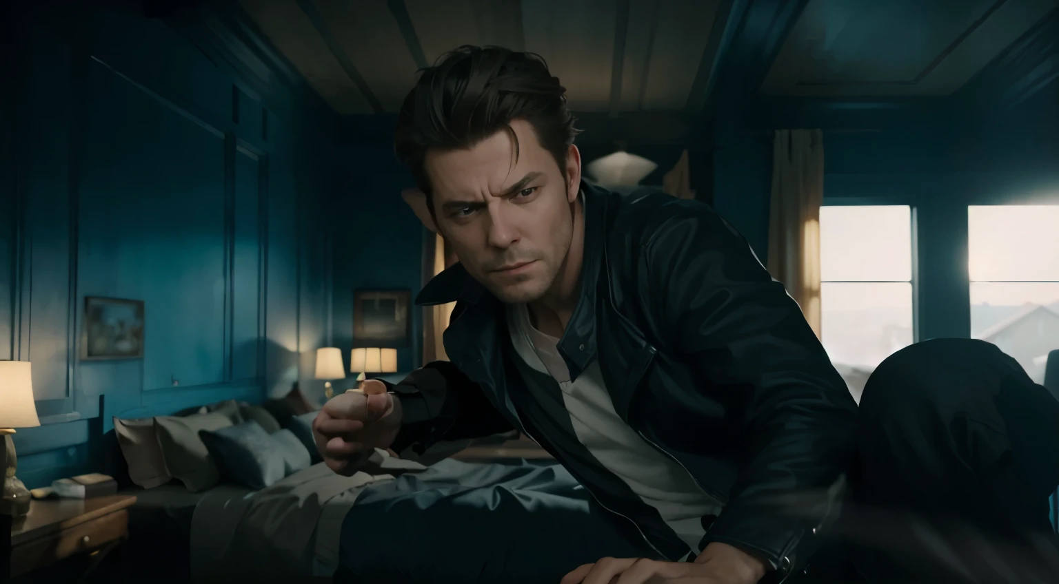 ((masterpiece, best quality))
In this image we see actor Alex Casey playing his character. He is in a room, with a worried expression on his face. Dressed in a black leather jacket and a dark vest over a shirt, he exudes an air of seriousness as he holds his head with one hand while looking to the side with a serious look. The room around you has blue walls and a window visible in the background.