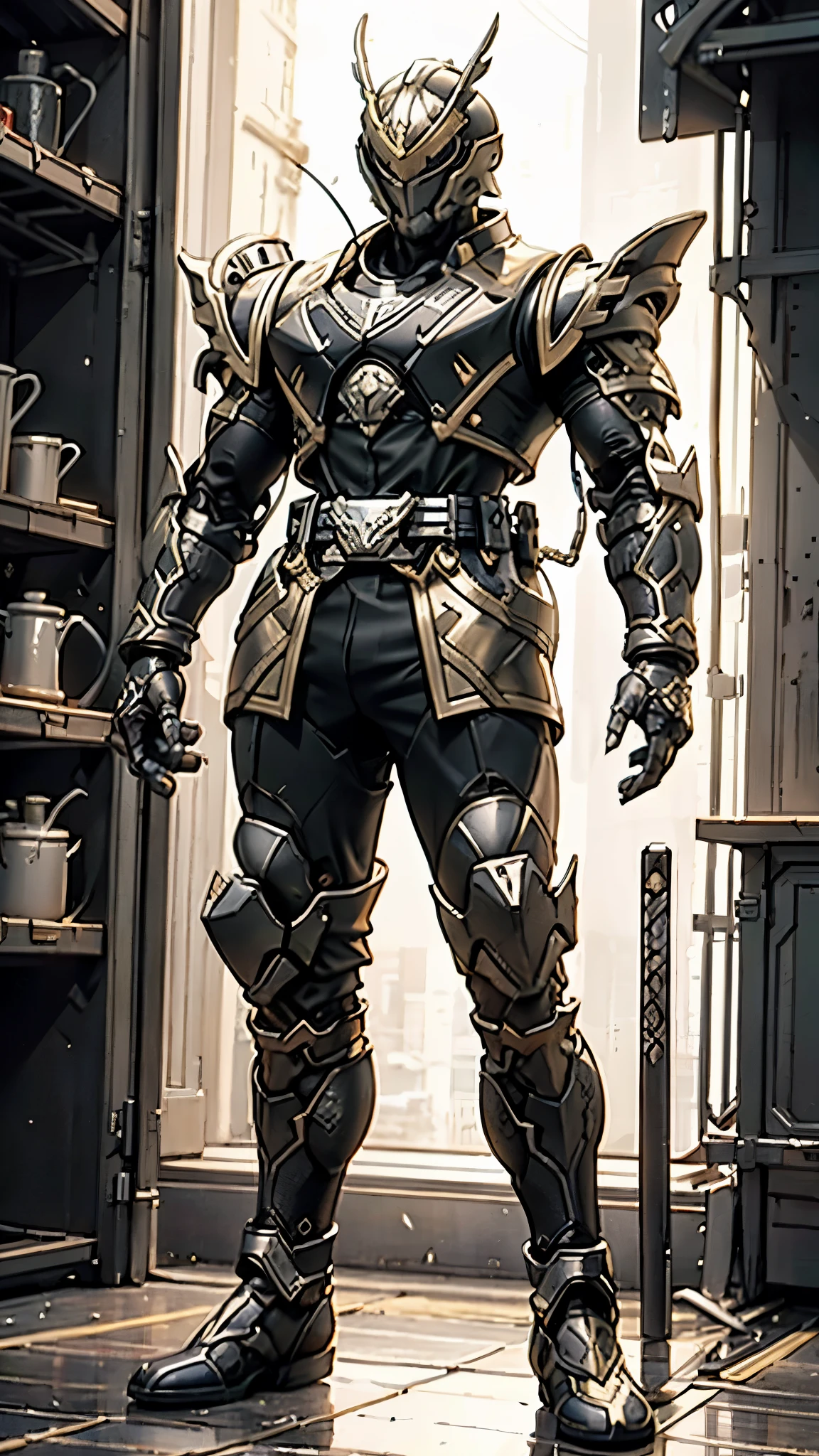 A man wearing a full-face helmet, a fantasy-style biomecha armored combat suit, green eyes, a composite layered chest armor, fully enclosed shoulder guards, matching arm and leg guards, the belt is adorned with dragon claw grasping orbs, primarily black with red accents, the design balances heavy with agility, a high-tech biological armor, concept inspired by dragons, stands on the skyscraper of a futuristic high-tech city, this character embodies a finely crafted fantasy-surreal style armored hero in anime style, exquisite and mature manga art style, ((male:1.5)), metallic, real texture material, dramatic, high definition, best quality, highres, ultra-detailed, ultra-fine painting, extremely delicate, professional, perfect body proportions, golden ratio, anatomically correct, symmetrical face, extremely detailed eyes and face, high quality eyes, creativity, RAW photo, UHD, 32k, Natural light, cinematic lighting, masterpiece-anatomy-perfect, masterpiece:1.5