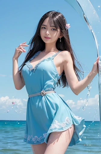 a lot of details, (slender waist), 30 years old, detailed black hair, beautiful detailed hair, super fucking beautiful, complex details beautiful and delicate eyes, perfect hands, (small breasts best quality), perfect and delicate limbs, detailed skin, best quality, ultra-detailed,
whole body, Girls' Front, depthoffield, (standing on one leg), grace, Fluttering long hair, cheerful grin, (beautiful detailed dress), The skirt sways with the wind, aqua Clothes, ((falling petals)), ((on beautiful detailed water)), ((Water as smooth as a mirror:1.2)), Petals on water,