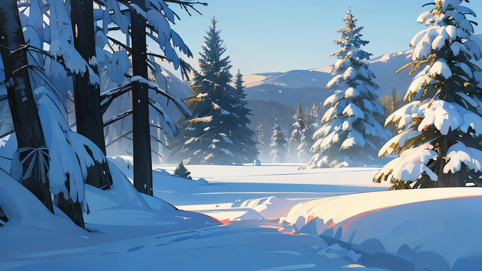 (Landscape winter season, snow, background, withe snow 1.9), (3 pines, just 3 threes 1.5)