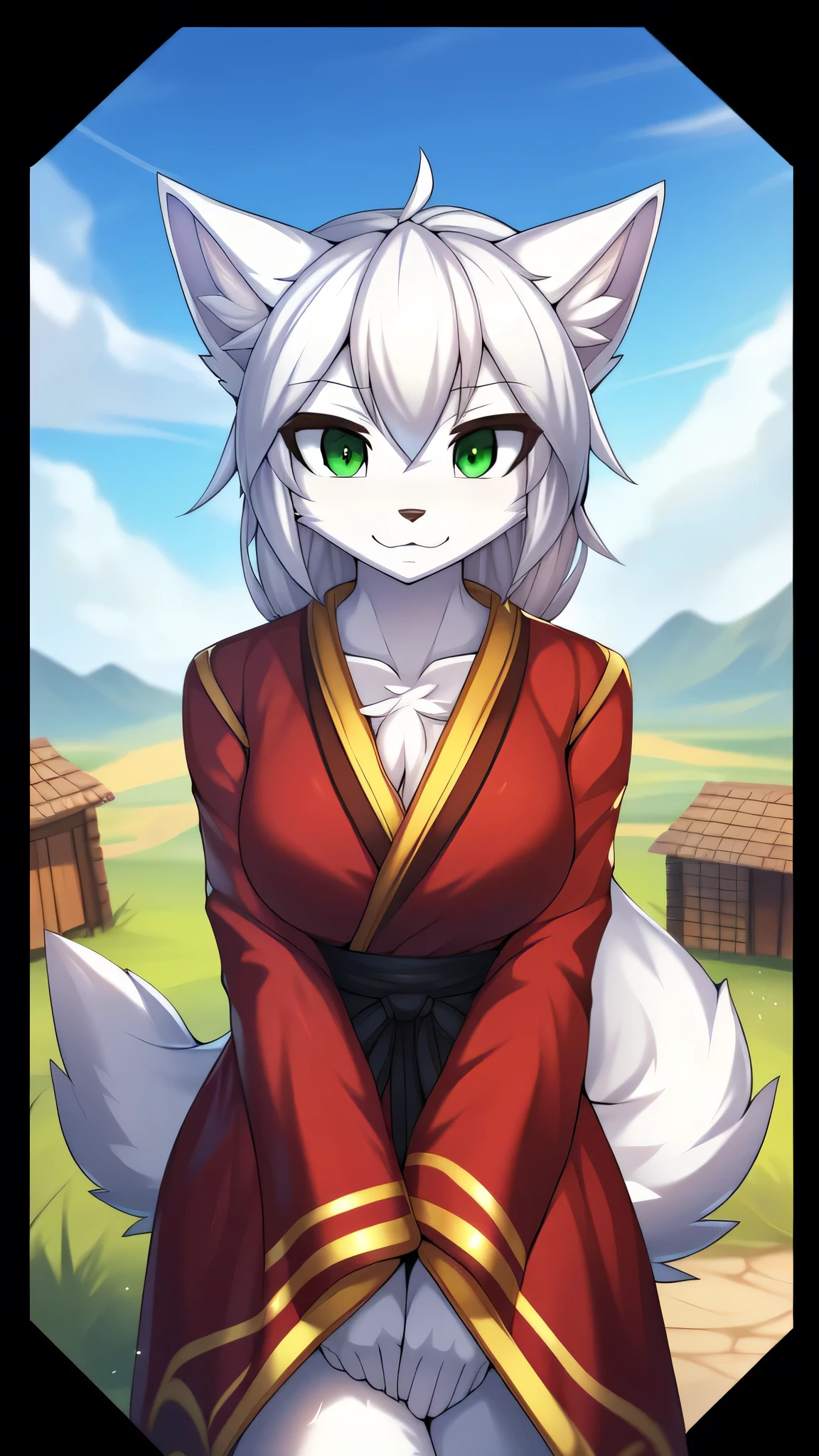 By zinfyu,by twistedscarlet60, uploaded on pixiv, by fluff-kevlar, (masterpiece), (best quality), (anthro furry:1.3, snout:1.2, anthro:1.3, furry:1.2, solo female:1.2), (extremely detailed:1.3),(checkpoint model:1.3),(detailed eye, green eye),(Beautiful face), white wolf, has long spiky white hair, wearing robe, view on viewer