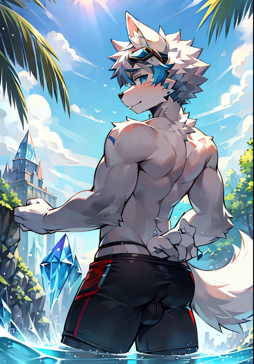 Furry，Wolf boy，White fur，crystal blue eyes，Single fluffy tail，greyt hair，short detailed hair，summer day，dive，Wear diving goggles，masculine features，back，Squat，asshole，very big bulge