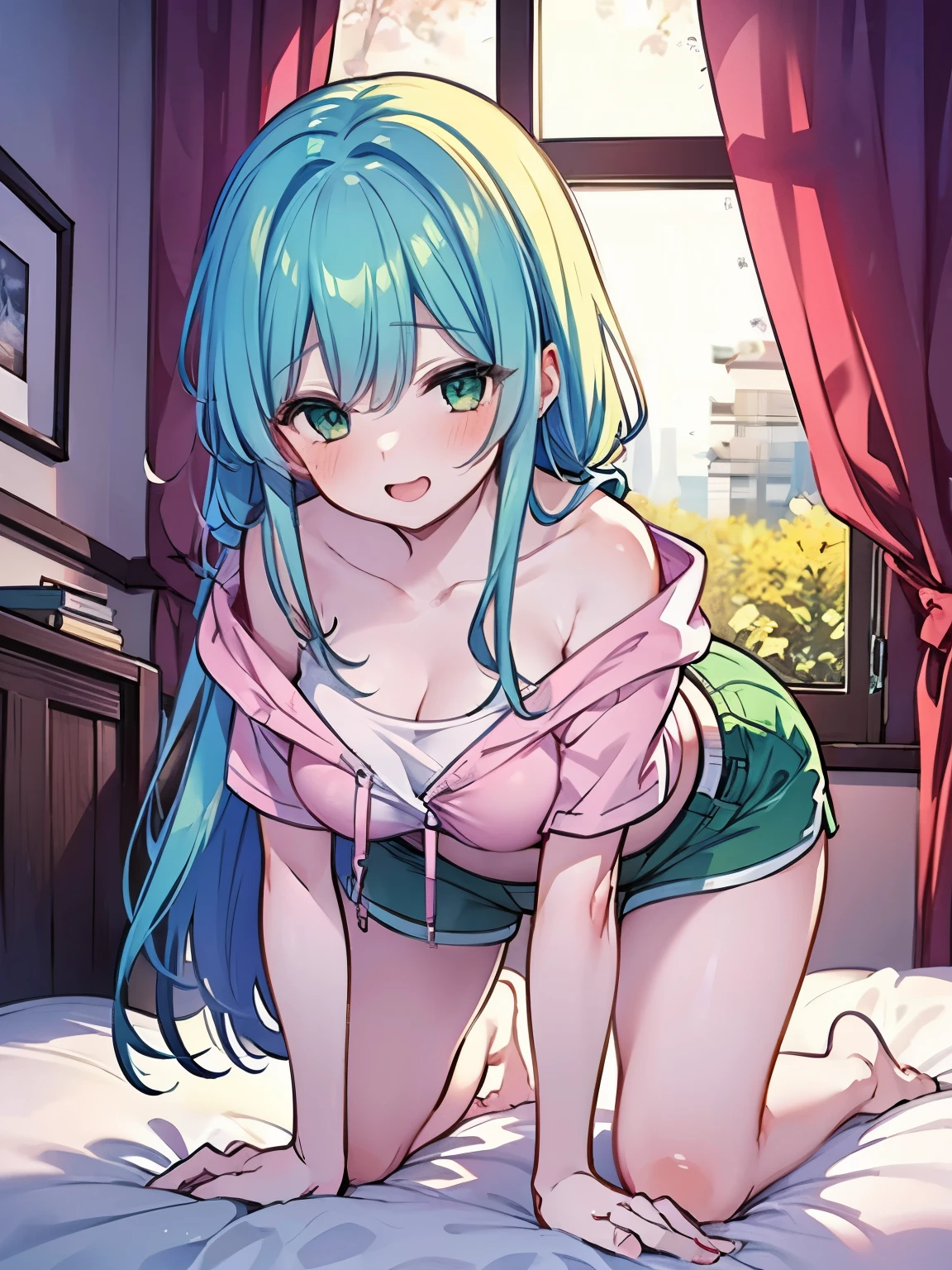 Second Dimension、pretty girl、sister、smile、Open your mouth、Blushing、Green Eyes、Long Hair、Light blue hair、bed、On all fours、Place your hands on the floor、front、Thick thighs、Pink hoodie、shoulder、head、clavicle、Large Breasts、valley、Shorts、Light blue hair、Dark Room、window、night