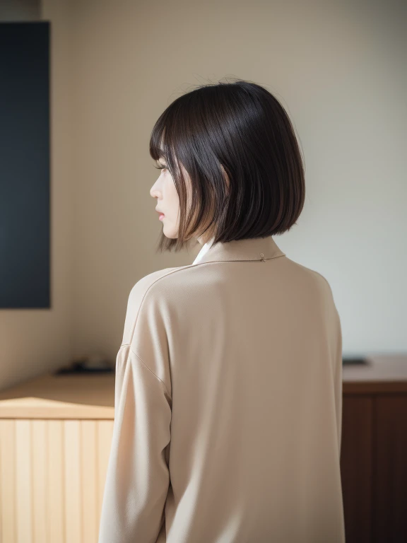 indoor,close up，((best quality, 8k, masterpiece :1.3)), Clear focus :1.2, (asian models) look back.   Good head.   Have messy short hair，short hairstyle.    View from behind.    Only the back of the head is exposed. casual wear，

 Good head.    View from behind.  Only the back of the head is exposed.

    Shot from the back corner.      Shot from the back corner.   Shot from the back corner.    