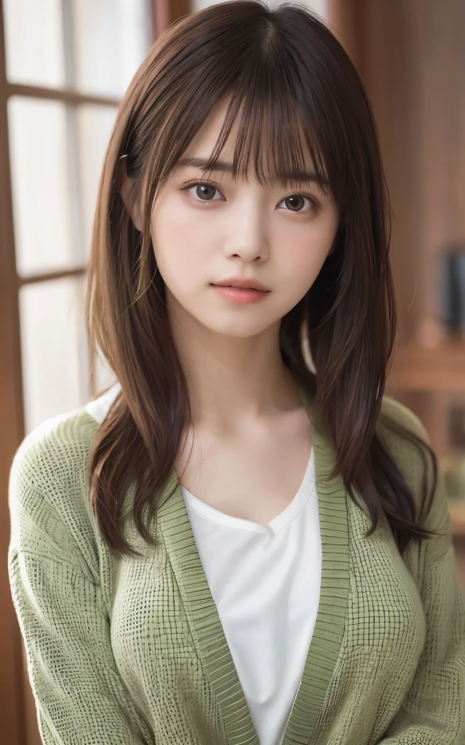masterpiece, highest quality, 8k, 20th Generation, ?????????????, cute, alone, sad, cute, Girlish, Delicate girl, Pure beauty,  RAW Photos, Professional photography, Portraiture, Soft Light, Professional Lighting, Backlight, Upper Body, avert your eyes, Sophisticated, Film Grain, (Eyes and facial details:1.0), Short floating hair, Beautiful, flowing hair, bangs, T-shirt and moss green cardigan、Big ???????????