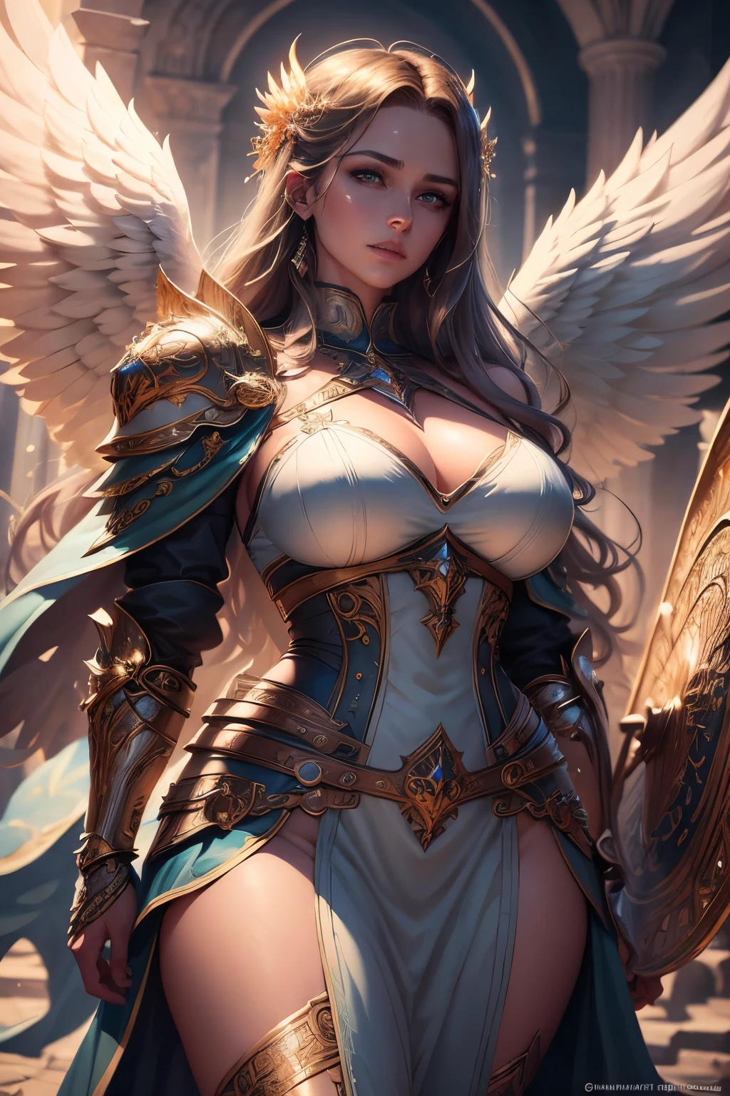 ((Best quality)), ((masterpiece)), ((realistic cartoon)), ((perfect character)):

Big breast, In this stunning and highly detailed realistic cartoon, we present an angel guardian in heavy armor. The angel guardian stands tall, clad in intricate garment, complete with flowing garments and ornate patterns. His face is high tower shield, adding to his angelic and stunning appearance.

The angel guardian channels the power of god, conjuring dazzling rays and holy energies. The scene is set in a thematically rich environment, filled with magical vibes, and mystical symbols that enhance the ambiance. The lighting, crafted with a cinematic touch, casts a spellbinding glow, emphasizing the magical aura surrounding the angel guardian.

Every element of this masterpiece is carefully designed to create a sense of realism and immersion. The intricacies of the angel guardian clothing, the mesmerizing effects of his conjurations, and the level of detail in his weathered face all contribute to a captivating visual experience. This artwork is presented in stunning UHD resolution, allowing you to appreciate every nuance and intricacy in breathtaking detail.

Portrait,Eye level, scenic, masterpiece,mtg art,magic the gathering art.