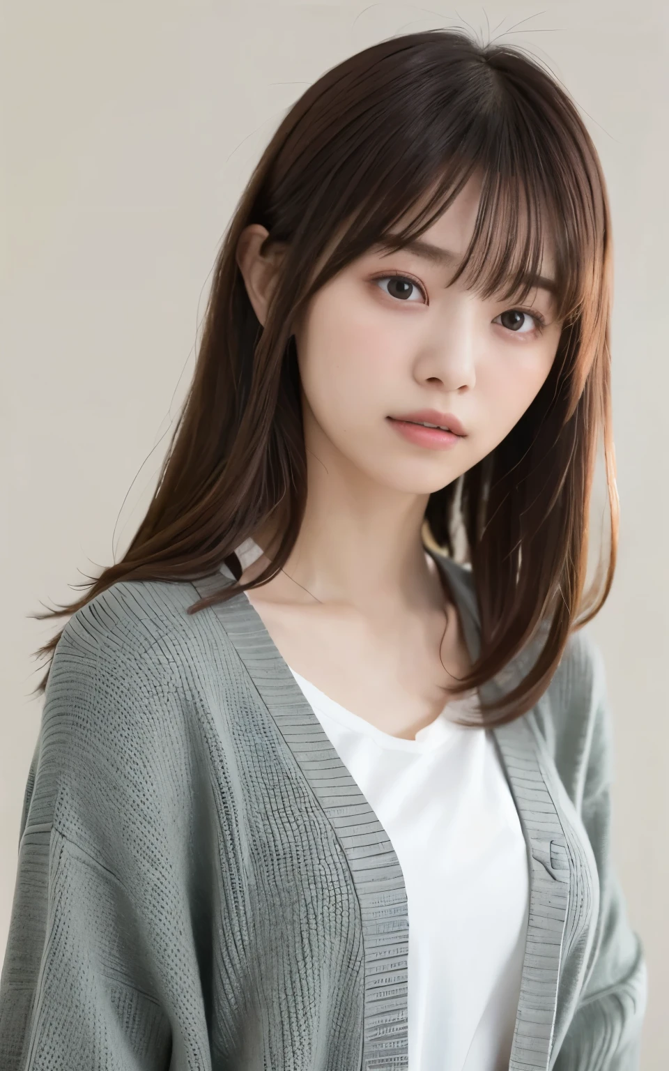 masterpiece, highest quality, 8k, 20th Generation, Large Breasts, cute, alone, sad, cute, Girlish, Delicate girl, Pure beauty, RAW Photos, Professional photography, Portraiture, Soft Light, Professional Lighting, Backlight, Upper Body, avert your eyes, Sophisticated, Film Grain, (Eyes and facial details:1.0), Short floating hair, Beautiful, flowing hair, bangs, T-shirts and cardigans