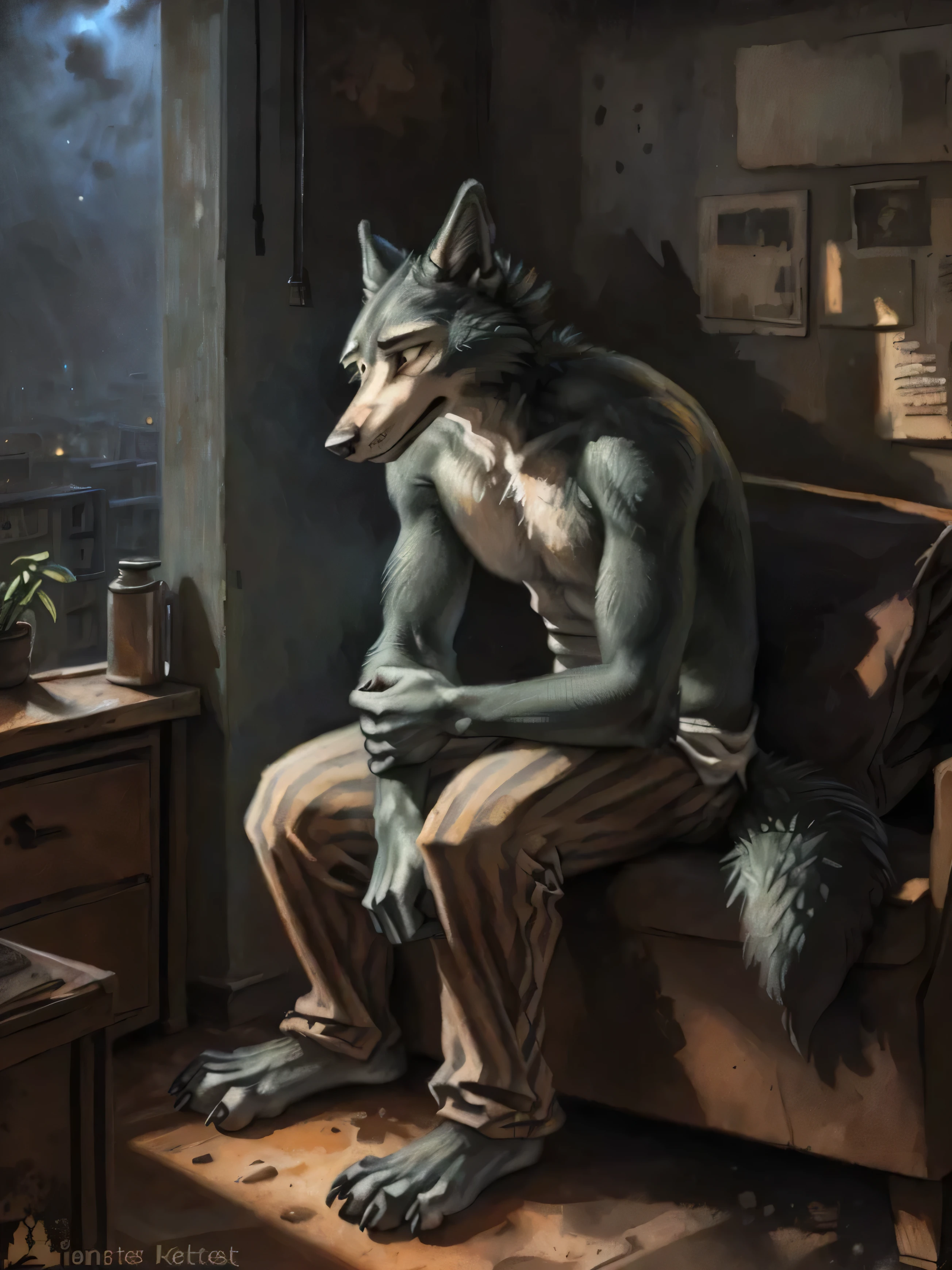 fur on body, furry, fur, ((looking away)) legoshi (beastars), (solo), male, anthro, (by Blotch, by kenket), (tail:1.3), sitting, (grey sweat pants), ((no shirt)), (perfect hands), depressed expression, (depressing apartment background, gloomy, sad atmosphere), realistic shading, somber lighting, powerful silhouette, mysterious shadows, night scene, (epic, masterpiece, high quality, 8k, ultra HD, absurd res, top quality, best quality, max quality, masterpiece),