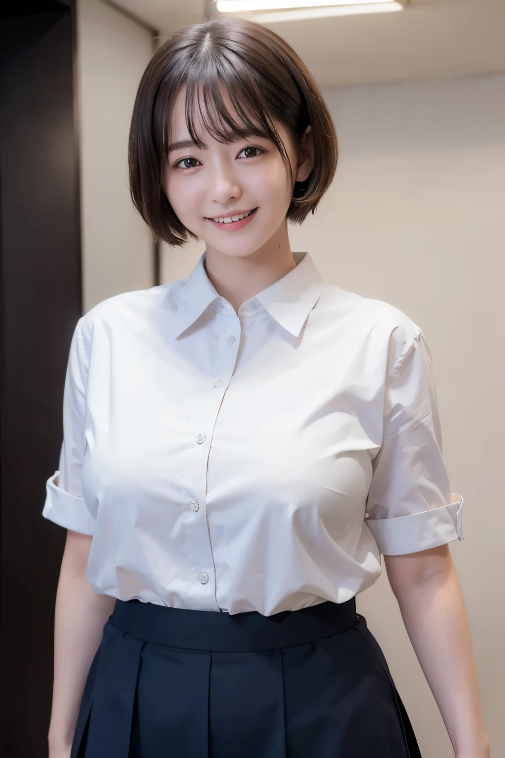 highest quality, masterpiece, Ultra-high resolution, (Reality: 1.4), Original photo, One girl, mature, White JK Uniform, happy smile, short hair, large chest , plump body, button gap:1.35, Cinema Lighting,