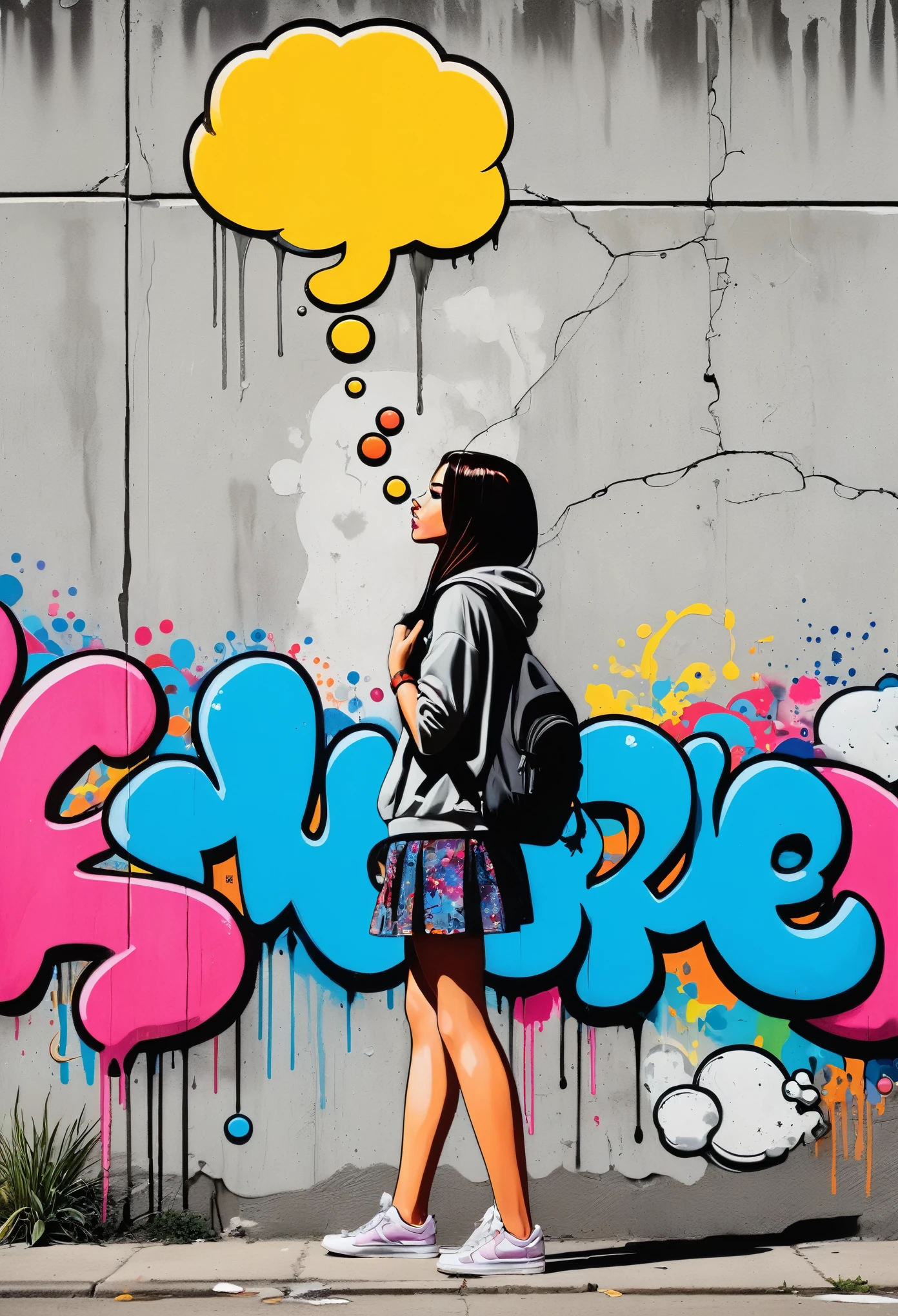 graffiti style comic {{Artistic digital painting} A graffiti comic in the style of Banksy and street art. The composition features a bagirl standing near a dripping bold outlined thought bubble that says "Hope". She is surrounded by colorful stylized bubble letters and characters. The background is a grungy concrete wall with peeling paint and graffiti tags. The style combines photorealism with thick bold outlines, vibrant fantasy colors, and dynamic energy.} . street art, vibrant, urban, detailed, tag, mural, graphic illustration, comic art, graphic novel art, vibrant, highly detailed