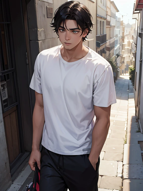 Un joven caminando po una calle con una camiseta negra y unos pantalones negro, con cabello negro y de piel blanca, looking up with a serious expression