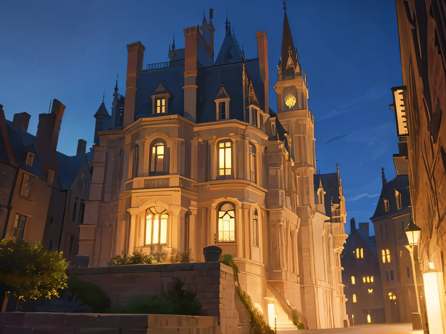 Nobiliar mansion, medieval, ((at night)), exterior, in a city
