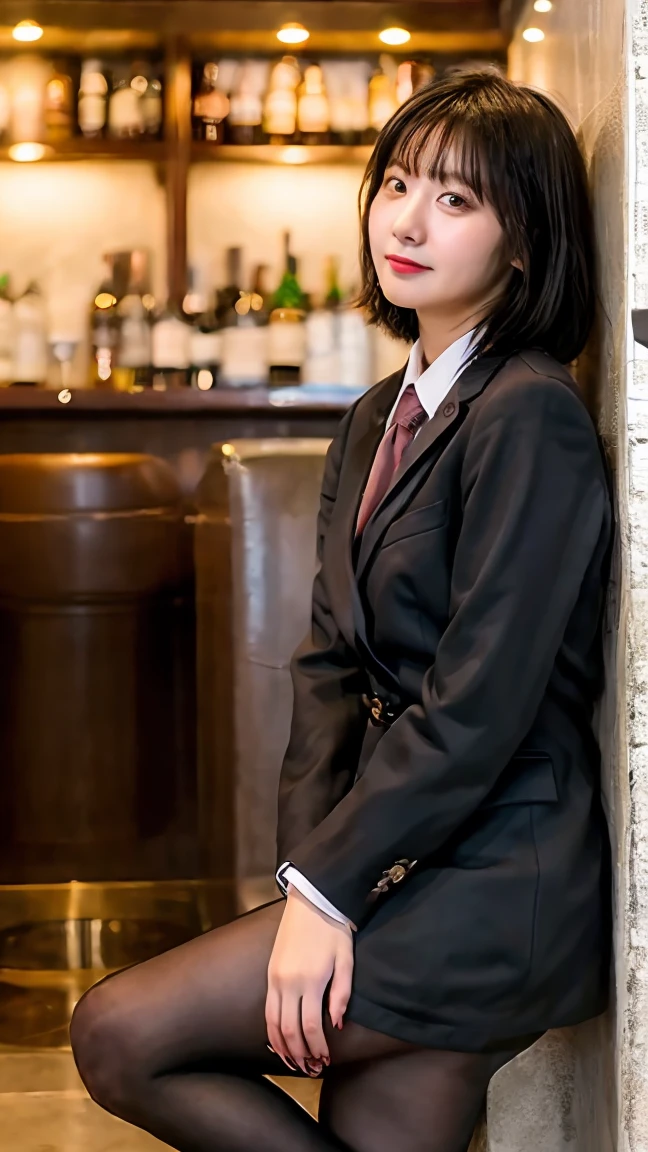 masterpiece, best quality, 8k,1 girl, solo, baby face,small breasts, bob hair, black hair, black eyes, bar staff suit,  black pantyhose, full body, caffe