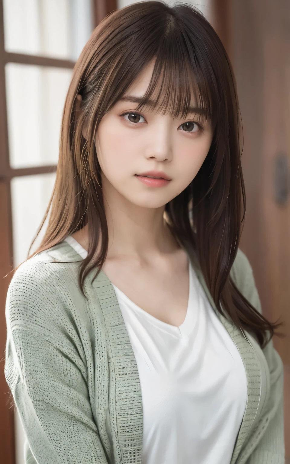 masterpiece, highest quality, 8k, 20th Generation, Large Breasts, cute, alone, sad, cute, Girlish, Delicate girl, Pure beauty,  RAW Photos, Professional photography, Portraiture, Soft Light, Professional Lighting, Backlight, Upper Body, avert your eyes, Sophisticated, Film Grain, (Eyes and facial details:1.0), Short floating hair, Beautiful, flowing hair, bangs, T-shirt and grayish green cardigan、Big big breasts