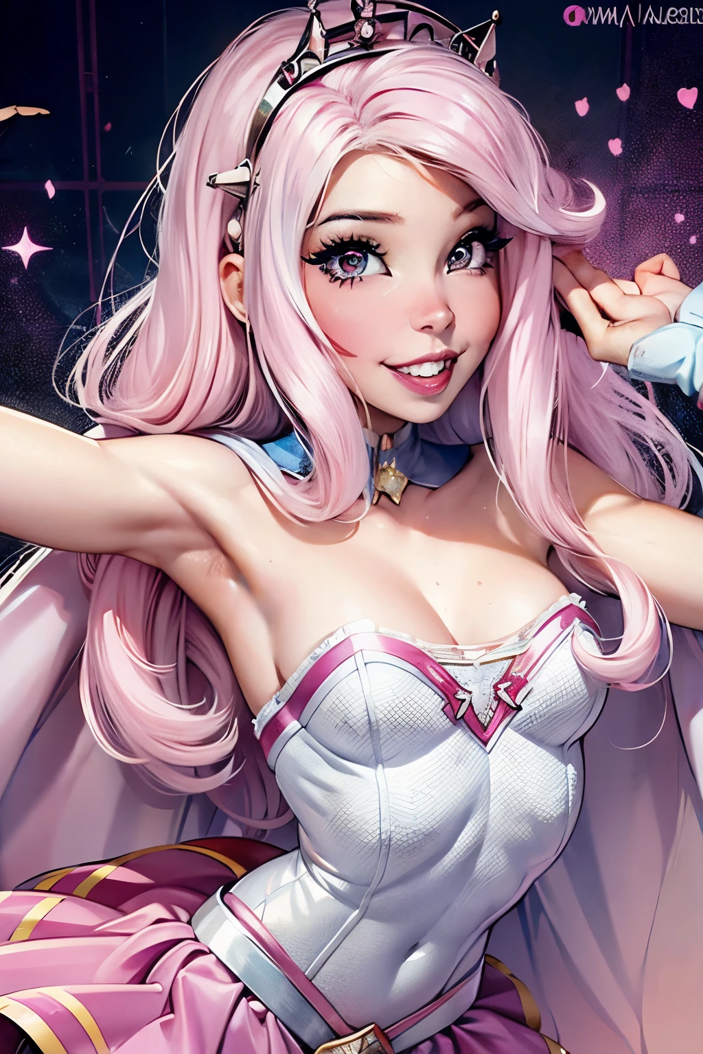 belle delphine vestida con un disfraz de super girl piel blanca, ojos azules, cabello largo y rosa, hermosa sonrisa, ojos grandes, con una fiesta de disfraces de fondo
