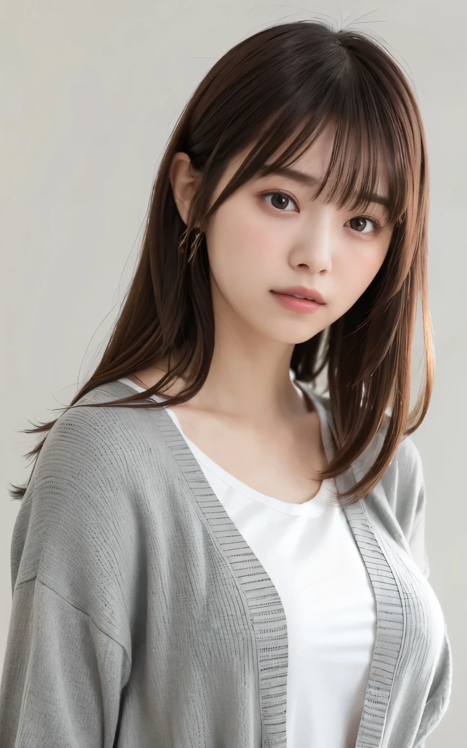 masterpiece, highest quality, 8k, 20th Generation, Large Breasts, cute, alone, sad, cute, Girlish, Delicate girl, Pure beauty, RAW Photos, Professional photography, Portraiture, Soft Light, Professional Lighting, Backlight, Upper Body, avert your eyes, Sophisticated, Film Grain, (Eyes and facial details:1.0), Short floating hair, Beautiful, flowing hair, bangs, T-shirt and grayish pink cardigan、Big big breasts