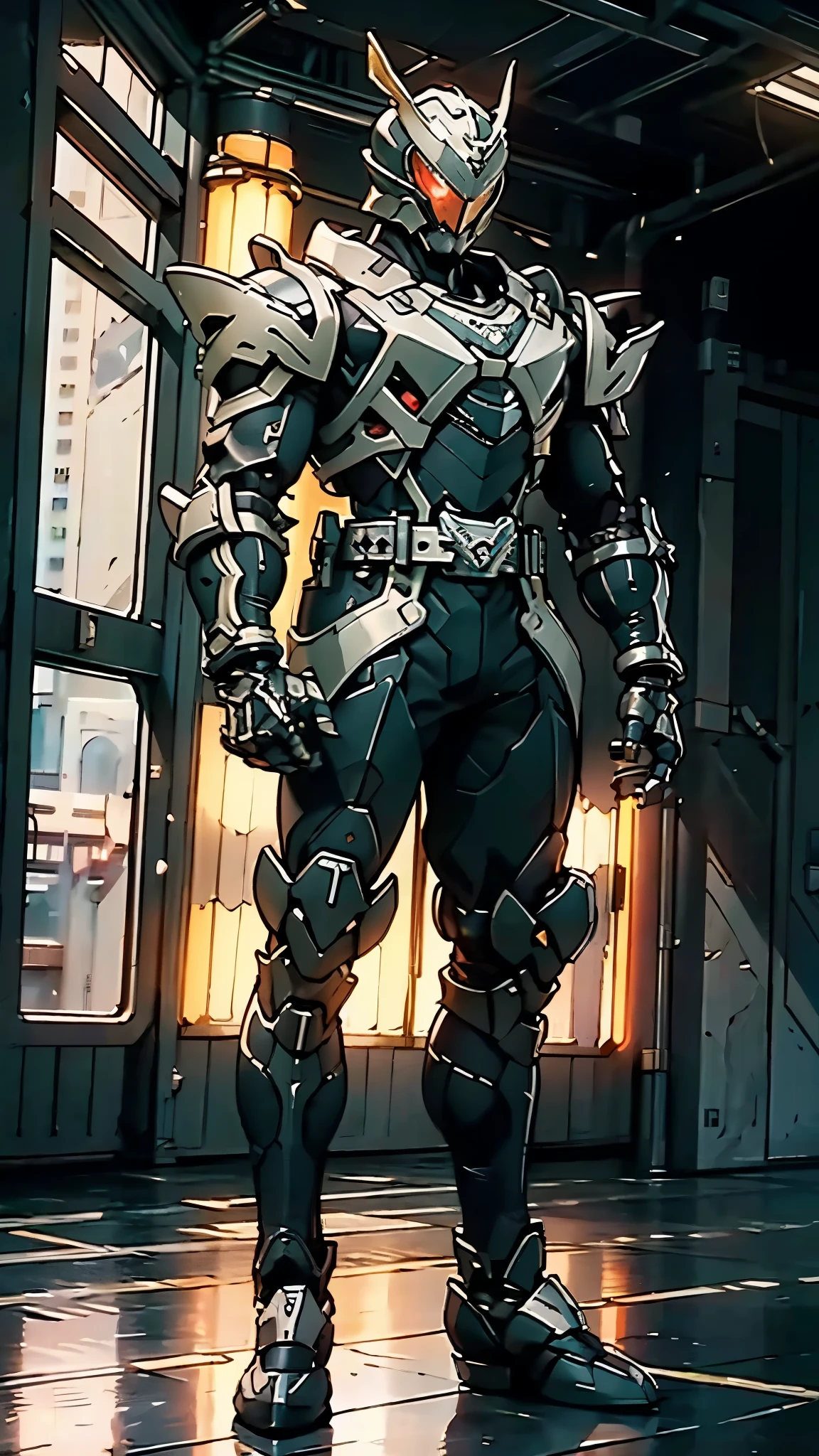 A man wearing a full-face helmet, a fantasy-style biomecha armored combat suit, green eyes, a composite layered chest armor, fully enclosed shoulder guards, matching arm and leg guards, the belt is adorned with dragon claw grasping orbs, primarily black with red accents, the design balances heavy with agility, a high-tech biological armor, concept inspired by dragons, stands on the skyscraper of a futuristic high-tech city, this character embodies a finely crafted fantasy-surreal style armored hero in anime style, exquisite and mature manga art style, ((male:1.5)), metallic, real texture material, dramatic, high definition, best quality, highres, ultra-detailed, ultra-fine painting, extremely delicate, professional, perfect body proportions, golden ratio, anatomically correct, symmetrical face, extremely detailed eyes and face, high quality eyes, creativity, RAW photo, UHD, 32k, Natural light, cinematic lighting, masterpiece-anatomy-perfect, masterpiece:1.5