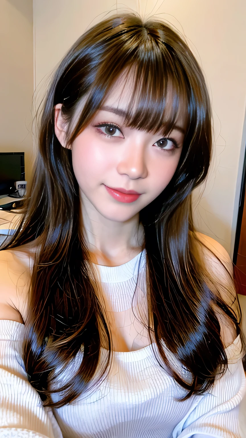 Full Body Angle、((highest quality, 8K, masterpiece: 1.3)), concentrated: 1.2, Cute girl 1,Nipples erect、 Perfect beauty: 1.4,Short sleeve striped off-shoulder t-shirt for women: 1.2,Long sleeve、Randall Color、comics＆Text Graphics、Black ruffle-trimmed drawstring zip blouse,1.1, Highly detailed face and skin textures, Fine grain, double eyelid, whitening skin, ,highest quality,Ultra-high resolution,you,1 girl,alone,_Shiny_skin,Iris,necklace,((Brown_length_Wavy_hair)),(lips)),eyelash,Front hair,deal with,compensate,Shiny,pore,skin texture,Large Breasts、smiling face、