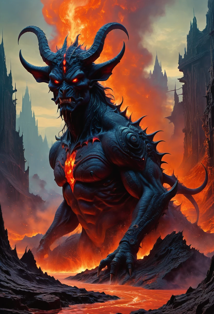 Lava Demon, by Wayne Barlowe, best quality, masterpiece, very aesthetic, perfect composition, intricate details, ultra-detailed