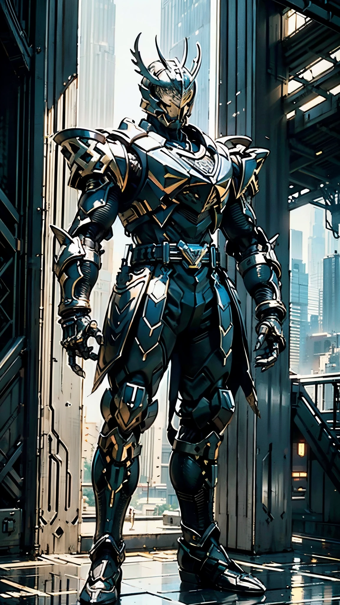 A man wearing a full-face helmet, a fantasy-style biomecha armored combat suit, green eyes, a composite layered chest armor, fully enclosed shoulder guards, matching arm and leg guards, the belt is adorned with dragon claw grasping orbs, primarily black with red accents, the design balances heavy with agility, a high-tech biological armor, concept inspired by dragons, stands on the skyscraper of a futuristic high-tech city, this character embodies a finely crafted fantasy-surreal style armored hero in anime style, exquisite and mature manga art style, ((male:1.5)), metallic, real texture material, dramatic, high definition, best quality, highres, ultra-detailed, ultra-fine painting, extremely delicate, professional, perfect body proportions, golden ratio, anatomically correct, symmetrical face, extremely detailed eyes and face, high quality eyes, creativity, RAW photo, UHD, 32k, Natural light, cinematic lighting, masterpiece-anatomy-perfect, masterpiece:1.5