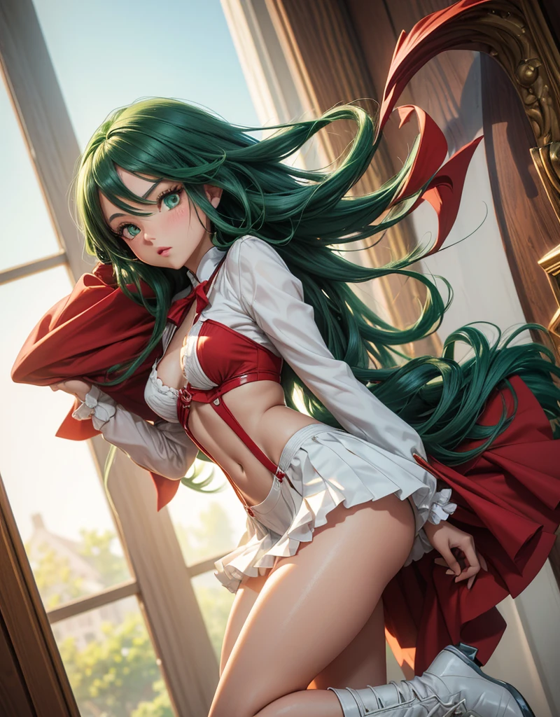 8K UHD, Digital SLR, Soft lighting, High quality, ((best quality)) ((best quality)), ((masterpiece)), (detailed), 4k image, anime style, beautiful age anime girl, fair caramel skin, symmetrical face, cherry red plump lips, lively woody emerald green eyes, African looks, small breasts, toned slender body, small narrow waist, short height, waist length braided hair, sleek emerald green hair, small curvy hips, phoenix eyes, small nose, European style , white pleated skirt that is frilly at the hem, white formal shirt underneath a red form-fitting blazer, red opaque/sheer thigh-high stockings, low-top boots