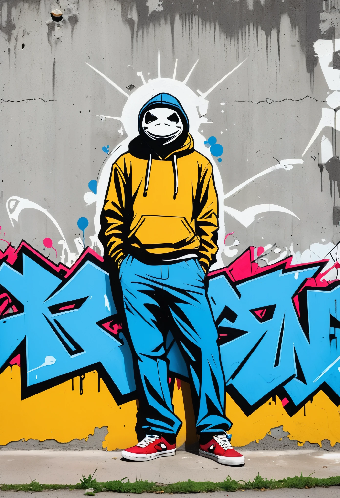 <lora:Martin Whatson Style:1>Martin Whatson Style - a very simple white background with tag art and spray paint art covering it