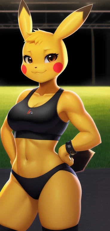 Pikachu, (((masterpiece))), ((a high resolution)), ((Detailed portrait)), ((I look at the viewer)), long yellow pointed ears, (yellow Pikachu ears with black tips), Brown clear eyes, corpus luteum, Athletic female body (six pack), yellow lightning tail with black heart-shaped tip, (female pikachu tail), Big , Strong position, black sports bra, orange skinny shorts, Black bracelets, knee pads, hands on hips, smug smile (mouth closed), seductive look, :3, head tilt, black triangular nose, ((simple detailed background)),