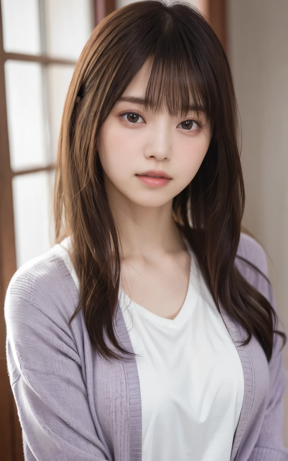 masterpiece, highest quality, 8k, 20th Generation, Large Breasts, cute, alone, sad, cute, Girlish, Delicate girl, Pure beauty, RAW Photos, Professional photography, Portraiture, Soft Light, Professional Lighting, Backlight, Upper Body, avert your eyes, Sophisticated, Film Grain, (Eyes and facial details:1.0), Short floating hair, Beautiful, flowing hair, bangs, T-shirt and grayish lavender cardigan、Big big breasts