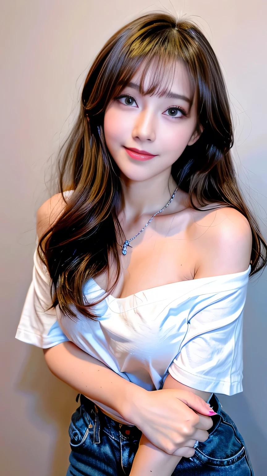 Full Body Angle、((highest quality, 8K, masterpiece: 1.3)), concentrated: 1.2, Cute girl 1,??????? ?????、 Perfect beauty: 1.4,Short sleeve striped off-shoulder t-shirt for women: 1.2,Long sleeve、Randall Color、comics＆Text Graphics、Black ruffle-trimmed drawstring zip blouse,1.1, Highly detailed face and skin textures, Fine grain, double eyelid, whitening skin, ,highest quality,Ultra-high resolution,you,1 girl,alone,_Shiny_skin,Iris,necklace,((Brown_length_Wavy_hair)),(lips)),eyelash,Front hair,deal with,compensate,Shiny,pore,skin texture,?????????????、smiling face、