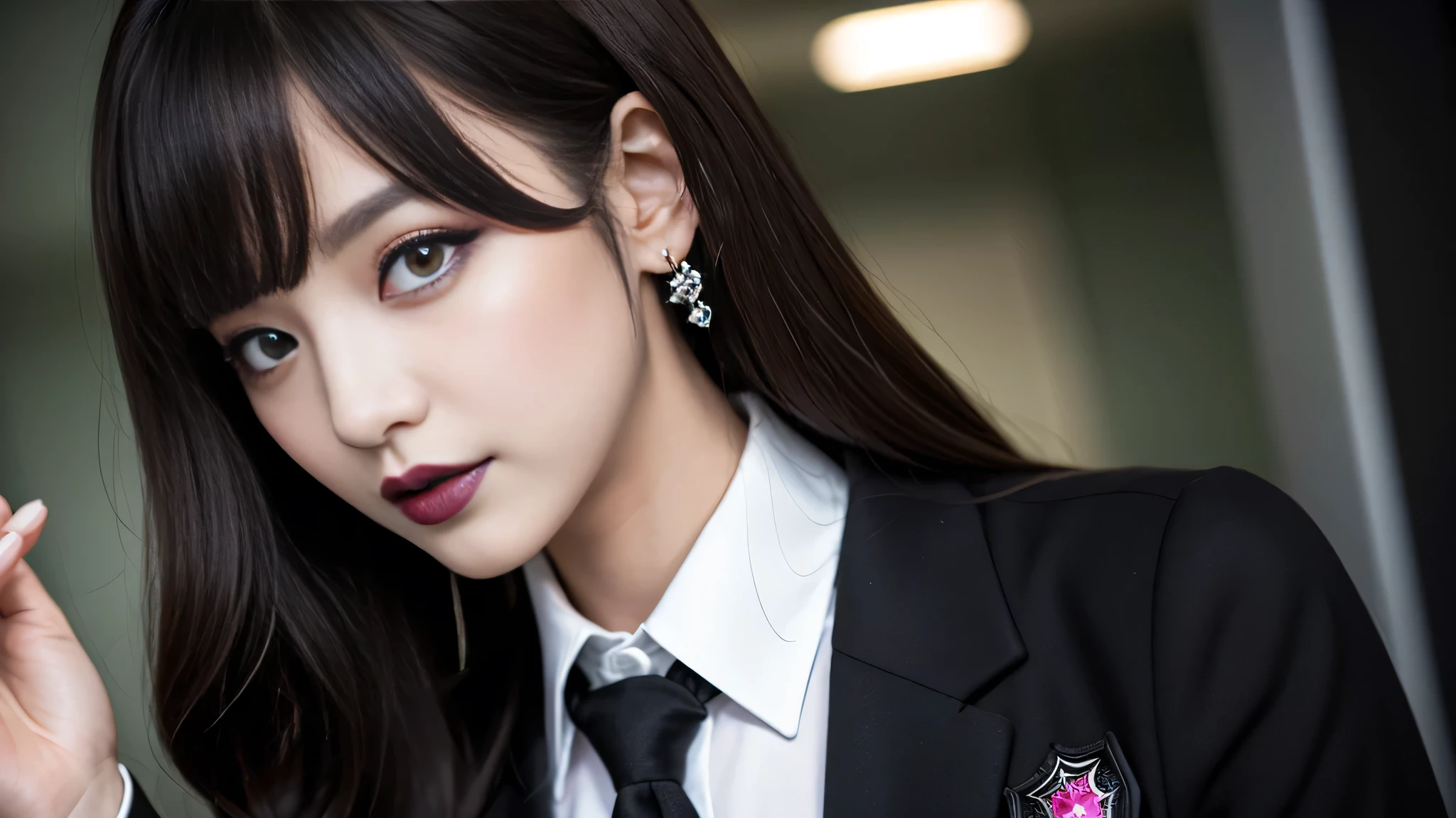 best quality、ultra-detailed、4k、Japanese、Seductive beauty、seductive adult woman、Pretty Woman、cool girl、Villainess、Brainwashed、brainwash、Fallen into evil、smirk、Evil look、Wicked Smile、evil、Brown hair、wavy hair、swept bangs、dark makeup、dark makeup、piercing eyes、hollow eyes,half-closed eyes、Hollow Eyes、purple Eyeshadow、black lipstick、black lipglos、student、uniform、Black blazer、White Shirt、Black Ribbon、flare skirt、night、inside darkroom、Have lipstick、Emblem of Evil、Crest of Darkness、Swear allegiance、I have pledged my allegiance、Dye black、Blackening、Stained with evil、Dyed in darkness、Seduce