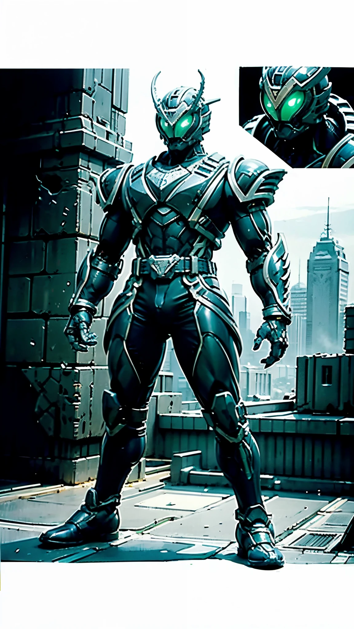 A man wearing a full-face helmet, a fantasy-style biomecha armored combat suit, green eyes, a composite layered chest armor, fully enclosed shoulder guards, matching arm and leg guards, the belt is adorned with dragon claw grasping orbs, primarily black with red accents, the design balances heavy with agility, a high-tech biological armor, concept inspired by dragons, stands on the skyscraper of a futuristic high-tech city, this character embodies a finely crafted fantasy-surreal style armored hero in anime style, exquisite and mature manga art style, ((male:1.5)), metallic, real texture material, dramatic, high definition, best quality, highres, ultra-detailed, ultra-fine painting, extremely delicate, professional, perfect body proportions, golden ratio, anatomically correct, symmetrical face, extremely detailed eyes and face, high quality eyes, creativity, RAW photo, UHD, 32k, Natural light, cinematic lighting, masterpiece-anatomy-perfect, masterpiece:1.5